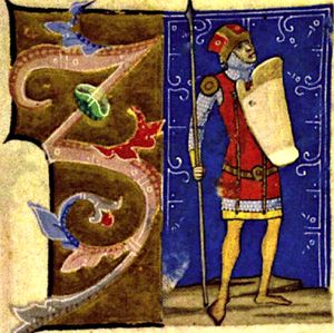 Chronicon Pictum, Hungarian, Szabolcs, chieftain, shield, spear, armor, red, medieval, chronicle, book, illumination, illustration, history