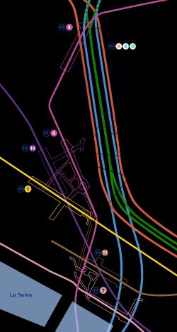 RER과 메트로 노선을 모두 보여주는 역 배치도