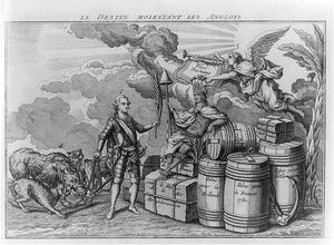 운명이 영국을 괴롭히다, 데스탱이 미국에 종려 잎을 바치는 모습을 그린 당시의 풍자화