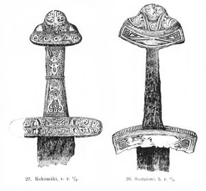 1893년 테오도르 슈빈트가 제작한 카렐리아 철기 시대 검 손잡이 그림으로, 그는 이 그림을 캐키살미에서 발굴했다.