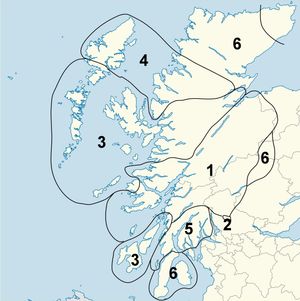 게일어 방언에서 무기음화의 대략적인 분포