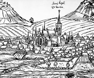 성 마틴 교회(1602년 목판화)가 있는 세들차니