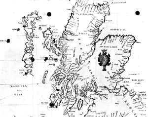 1580년 스코틀랜드 지도는 왼쪽에 히르트(히르타)를, 북동쪽에 스칼다르(하스케르)를 보여준다.