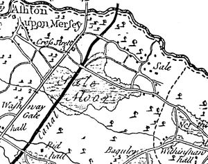 세일과 애쉬튼 어폰 머시의 읍과 크로스 스트리트(배글리와 위튼쇼 홀)를 보여주는 세일 주변 지역의 1777년 지도