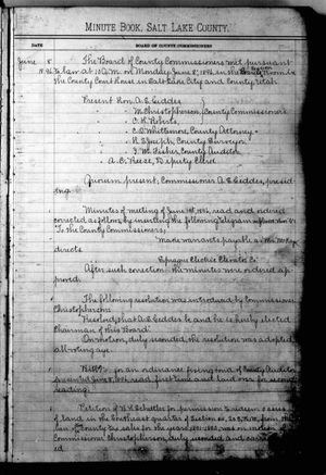솔트레이크군, 군 위원회 회의록, 첫 회의, 책 H, 2697페이지, 1896년 6월 8일