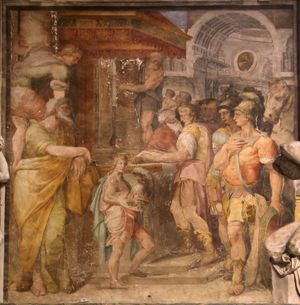 1565년 프레스코화 리우트프란트가 아리페르토의 기증을 그레고리오 2세에게 확인