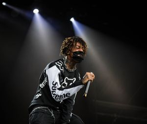 2018년 콘서트에서 시그니처 수술 마스크를 착용한 모습