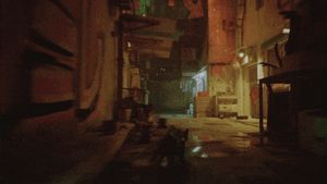 고양이가 거리를 질주하며 위로 뛰어올라 상자, 주석 차양, 에어컨 장치, 녹지로 둘러싸인 지붕으로 올라간다.