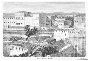 1871년부터 1875년까지의 스톤 타운 스케치로, 옛 요새와 궁전을 보여준다.