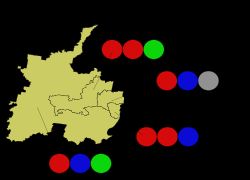 4개의 선거구 지도, 2021년 지방 선거 기준으로 정당별 의석 배분 표시