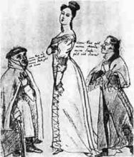 하인리히 슈트라우베와 아우구스트 폰 아른스발트 사이에서 갈등하는 아네테 폰 드로스테휠스호프. 루트비히 에밀 그림의 풍자화, 1820