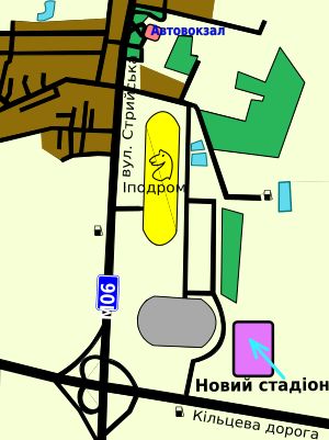 파란색 화살표로 표시된 경기장의 위치.