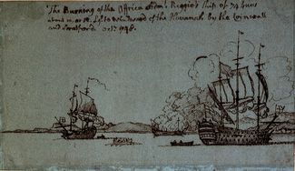 불타는 무장 해제된 Africa를 Strafford와 Cornwall이 공격하는 모습을 그린 그림