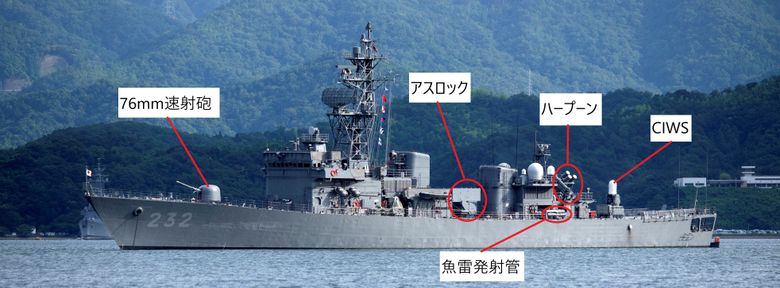 병장 배치 (저시인성 도색이 적용된 "센다이") : 전방 갑판에 76mm 속사포, 중앙 갑판에 ASROC 발사기와 어뢰 발사관, 후방 갑판에 하푼 SSM과 CIWS