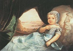 A painted portrait depicting an infant dressed in a blue cap, blue gown and propped up against a lace-trimmed pillow with a forested river scene visible through a curtained window in the background