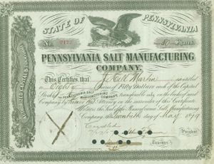 1879년 5월 20일 발행된 펜실베이니아 소금 제조 회사 주식