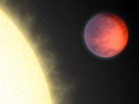 행성 궤도에 묶여 있는 열점의 예술적 묘사 (주황색조)