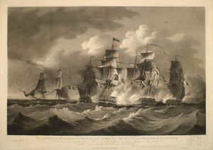 1805년 7월 19일, 솜브레로 해협에서 프랑스 함대의 공격을 받은 HMS 블랑쉬호. 나폴레옹 전쟁 (1803-15).