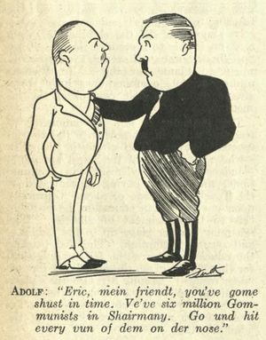 존 프리스가 그린 캠벨과 아돌프 히틀러의 캐리커처(The Bulletin, 1933년 2월 8일).