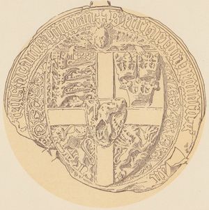 포메른의 에리크 왕의 왕실 인장 (1398) 묘사: (중앙): 도끼를 든 왕관을 쓴 사자 (노르웨이)가 십자가 위에 방패 안에 있음; 분기별: 덱스터 치프에, 세 마리의 사자가 겹쳐서 왕관을 쓰고 다네브로를 심장 문양으로 덮여 있음 (덴마크); 시니스터 치프에: 세 개의 왕관 (스웨덴 또는 칼마르 동맹); 덱스터 베이스에: 사자 (폴쿵 사자) (스웨덴); 그리고 시니스터 베이스에: 그리핀이 시니스터 방향으로 포효함 (포메라니아)