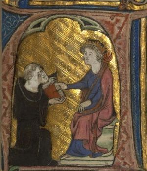 에지디우스 로마누스가 동시대 필사본에서 자신의 저서 군주론(De Regimine Principum)을 필리프 4세에게 헌정하는 모습