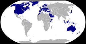 CJTF-OIR에 참여한 국가들이 진한 파랑색으로 표시되어 있다.