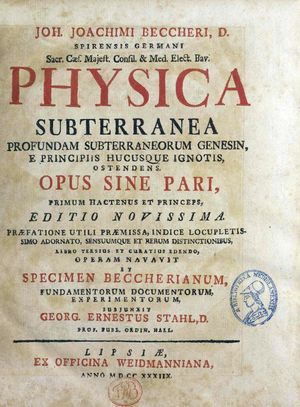 Physica subterranea, 1738년 판. 베커는 이 저서를 통해 연소 이론의 기초를 제시했다.