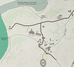 Ocriculum 지도 L: 원형 극장 B: 원형 경기장 D: 목욕탕 I: 거대한 하부 구조 G: 님파이움 H: 작은 하부 구조