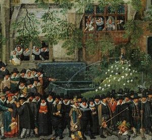 1615년 5월 31일 브뤼셀의 옴메강 세부 묘사 (데니스 반 알슬로트, 1616). 오줌싸개 소년 (오른쪽 중간)이 행사를 위해 옷을 입고 있다.