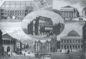 오페라 코미크 극장 (1883년 4월 28일 1대 살 파바르 개관 100주년 기념 조각): 1. 생 로랑 박람회 극장; 2. 부르고뉴 호텔 극장; 3. 살 파바르 (1대); 4. 페이도 극장; 5. 방타도르 극장; 6. 부르스 극장; 7. 살 파바르 (2대)