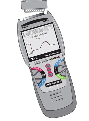 핸드헬드 타입의 범용 OBD2 스캔 툴. 라이브 데이터 표시와 액티브 테스트가 가능한 예