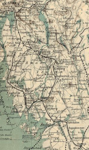 1884년 스말레네 선 지도. 현재 노선도 이 경로를 따른다.