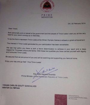 샤나나 구스망 동티모르 총리가 요안 구트 공칼브에게 보낸 축하 서한