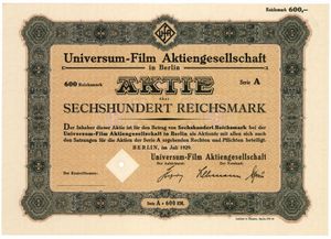 1929년 발행된 Universum-Film AG 주식. 후겐베르크의 서명이 있다.