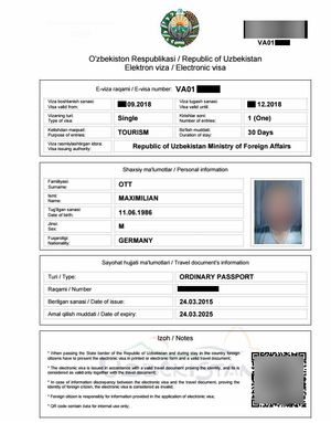 우즈베키스탄 전자 비자 견본