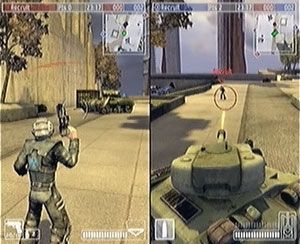 화면 분할을 통해 체르노반 병사를 조준하는 유카디안 탱크를 보여주는 멀티플레이어 모드.