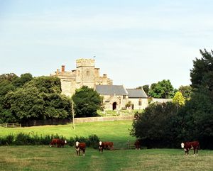 나무 사이의 사각형 탑이 있는 석조 건물. 앞에는 들판에 소가 있다.