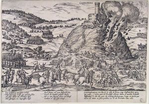 A castle stands at the top of a steep hill, and its walls are being blown away in explosion and fire. The fortress is surrounded by mounted and foot soldiers and several units of mounted soldiers are racing up the hill toward the castle on its peak. Frans Hogenberg, a Dutch engraver, and artist of the 16th century, was living in the Electorate of Cologne during the war, and engraved this picture of the destruction of the Godesburg (fortress).