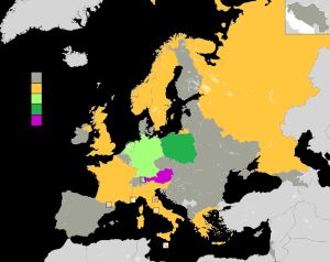 2024년까지 유로비전 영 뮤지션스에서 국가별 금메달 획득 수를 보여주는 지도.
