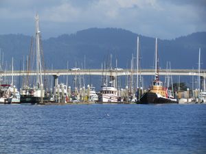 255번 국도 "사모아 다리"의 가장 남쪽 구간의 모습. 유레카의 우들리 아일랜드 마리나(훔볼트 만에 위치)가 전경에 보이며, 배경에는 북동쪽으로 픽클 힐(해안 산맥)의 모습이 보인다.