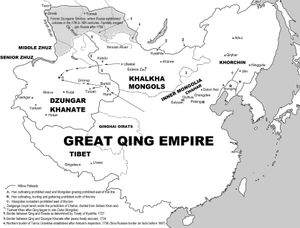 1757년 청나라 영토 개요와 유조변 표시