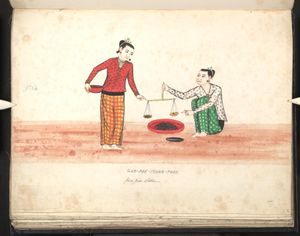 19세기 미얀마 수채화로 묘사된 응아삐 판매상