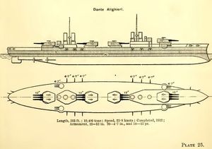 1923년 브래시 해군 연감의 단테 알리기에리 우현도 및 평면도; 음영 영역은 장갑