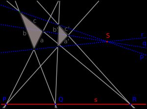 데자르그의 정리에 등장하는 작도. 10개의 점 (A,B,C,A',B',C',P,Q,R,S)와 10개의 직선 (a,b,c,a',b',c',p,q,r,s)에 각각 어떤 그래프의 꼭짓점을 대응시키고, 인접하는 점과 직선에 대응하는 두 꼭짓점 사이를 변으로 이으면, 데자르그 그래프 \operatorname{GPG}(10,3)를 얻는다.
