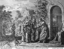 잃어버린 동전을 찾은 후 여인은 이웃들과 기쁨을 나눈다 (얀 로이켄의 판화).