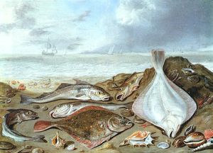  해안에 있는 저서 넙치와 저층성 대구 - 얀 반 케셀, 1626–1679