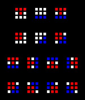 텍스트에 설명된 구조 요소 Ci, Di, Bi. 윗 두 행은 C1+D1과 C2+D2의 쌍을 보여준다. 아래 두 행은 B1-B8이 (C1+D1)과 (C2+D2)를 회전시켜 생성되는 방식을 보여준다. B1-B8의 번호는 임의적이다. (흰색 픽셀은 이러한 집합에 포함되지 않으며, 간격을 이해하기 위해 표시된다. 빨간색과 파란색 픽셀은 집합 구성원 자격만 식별하며 픽셀의 실제 색상 값을 나타내지 않는다.)
