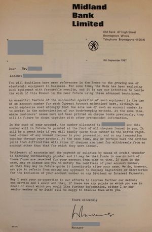 전자 데이터 처리 도입에 관한 미들랜드 은행의 1967년 고객에게 보낸 편지