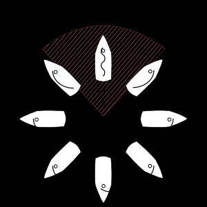 항해 방위: A. 무풍 상태(풍상으로 향함); B. 클로즈 홀드(풍상으로 향함); C. 리칭(횡풍); D. 브로드 리칭(순풍); E. 런닝(순풍).