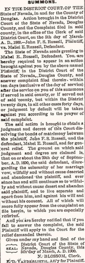 1900년 네바다 이혼 소송 통지서, 지역 신문에 게재됨
